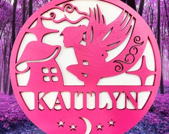Personalized Fairy Name Sign with Stand | Custom Single or Double Layer Wood Wall Decor