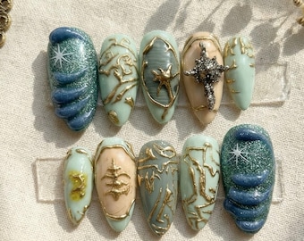 Gothic Zelda Press On Nails: Gold Relic Art, 3D Cross Charm