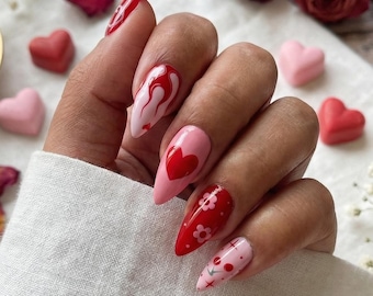 Flaming Cherry Heart Red Pink Almond Press On Nails, Y2K Valentine Set