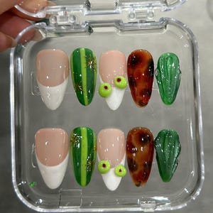 Dirty Martini Press on Nails, Olive Art, Green French Tip, Tortoise Shell