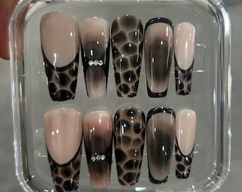 Tortoiseshell French Press On Nails: Hand Painted 3D Acrylic Square Nails