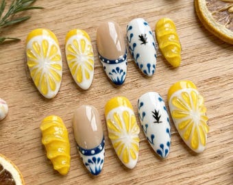 Lemon Yellow Blue Tile Citrus 3D Press on Nails: Summer Fake Fingernails