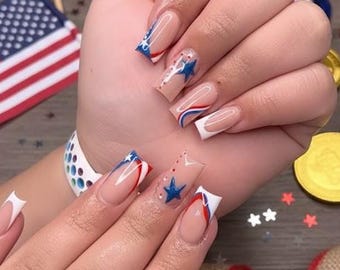 4th of July Short Press On Nail: Patriotic Nails, Red White Blue Press Ons