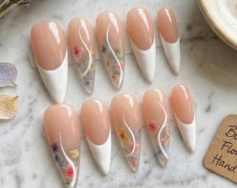 Floral French Tip Press On Nails, Long Almond Fake Nails, Gift for Her