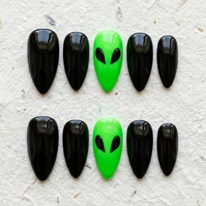 Neon Green Alien Press On Nails, Black Stiletto Almond Fake Nails