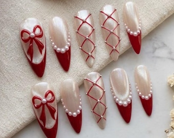 Red Bow Press On Nails, Christmas Pearl Winter Fake Nails, 3D Lattice Gel Nails, Custom Reusable Almond Nails