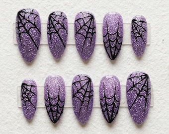 Purple Glitter Spiderweb Press On Nails, Spooky Halloween Witchy Fake Nails