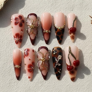 Fall Press On Nails with 3D Floral and Cherry Accents, Tortoise Shell Fall Set