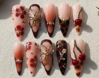 Fall Press On Nails with 3D Floral and Cherry Accents, Tortoise Shell Fall Set