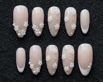 Elegant 3D Floral Press on Nails, White Pearl Bridal Manicure, Luxury Wedding Fake Nails