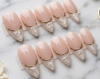 Luxury Quartz French Press On Nails, Gold Molten Chrome Fake Nails, Elegant Mother of Pearl Gel Nails