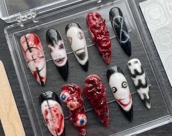 Creepypasta Horror Press On Nails, 3D Gore & Eyeball Nail Set, Goth Halloween Nail Art