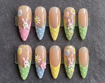 Easter Bunny Press on Nails, Floral Spring Nail Art, Hand Painted Pastel Egg Nails