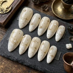 Celestial Pearl White Press On Nails, Gold Astrology Wedding Fake Nails