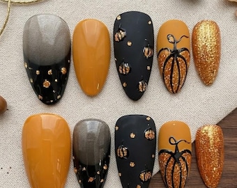 Fall Press On Nails, Matte Black Pumpkin Art, Mustard Yellow Glitter Ombre