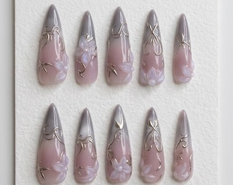 Luxury Cyber Goth Press On Nails, Silver Chrome Ombre Fake Nails, 3D Flower Gothic Gel Nails