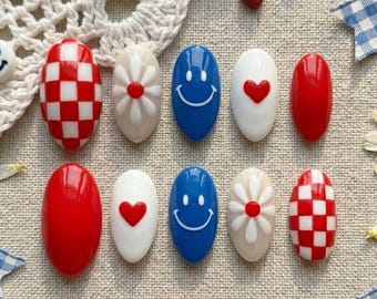 Retro Patriotic Press On Nails with Smiley Faces, Red White Blue Checkered False Nails