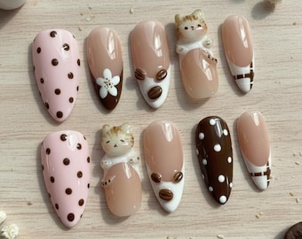 3D Cat Coffee Bean Press On Nails, Kawaii Handmade Gel Fake Nails