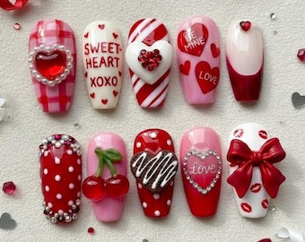 Handmade Valentine Press On Nails, Red Pink Heart Press Ons, 3D Love Nail Art