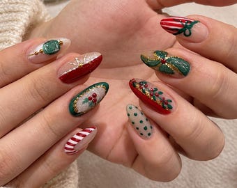 Christmas Press On Nails, Red Green Holiday Nails, Candy Cane Almond Nails, Reusable Fake Nails