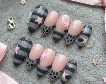Handmade Pusheen Cat Press On Nails, Kawaii Gray Stripe Pink Star Nail Art