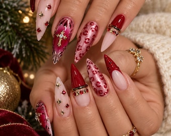 Gothic Red Press On Nails, Red Leopard Almond Nails, Cross Rhinestone Nails, Burgundy Gold Press Ons