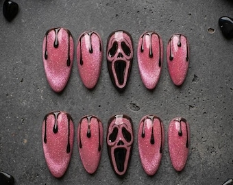 Pink Glitter Drip Press On Nails, Horror Ghost Face Halloween Set