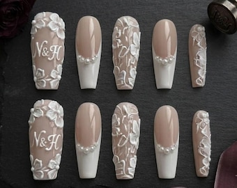 Custom Monogram Bridal Press On Nails, 3D Flower Wedding Fake Nails, Luxury Pearl French Coffin Gel Nails