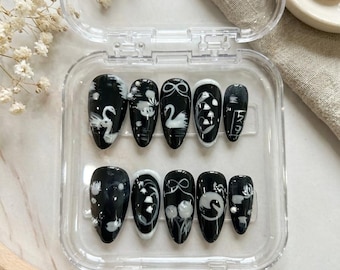 Black Swan Press On Nails: Minimalist Abstract Dark Fake Nails, Hand Painted Art
