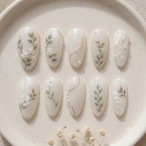 Hand Painted Botanical Leaf Press On Nails, Pearl White Floral Gel Nails