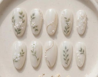 Botanical Leaf Press On Nails, Hand Painted Floral Fake Nails, Luxury Pearl White Gel Nails