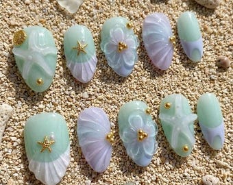 Beach Press On Nails, 3D Starfish & Shell Design, Handmade Summer Ocean Nail Art
