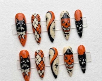 Vintage Halloween Press On Nails, Retro Black Cat & Jack O Lantern False Nails