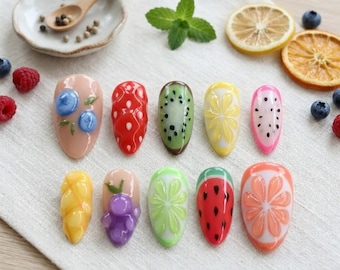3D Fruit Press On Nails, Summer Tropical Fruit Nail Art