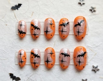 Orange and Glitter Bat Press on Nails, Starry Halloween Manicure, Spooky Kawai Nail Art