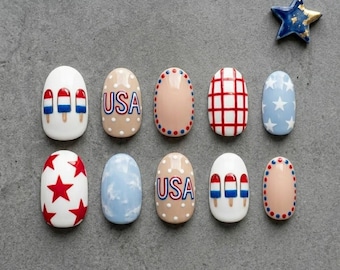4th of July Press On Nails, Red White and Blue Nails, Summer Popsicle Nail