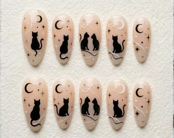 Celestial Black Cat Press On Nails, Moon and Star Fake Nails, Witchy Halloween Gel Nails