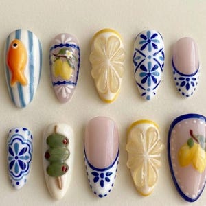 Italian Tile Lemon Press On Nails, Summer Vacation Sicilian Lemon Design