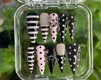 Pink and Black Polka Dot Press-On Nails: Handmade Nail Set for Parties