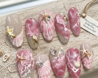 3D Seashell Mermaid Press on Nails, Hand Painted Ocean Wave Nail Art, Almond Set