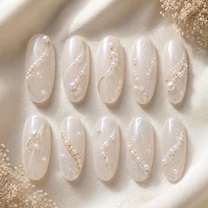 Bridal Press On Nails, Pearl Wedding Fake Nails, Milky Shimmer Gel