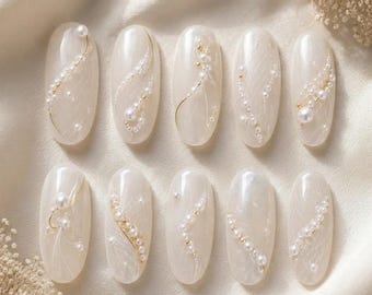 Luxury Bridal Press On Nails, Elegant Pearl Wedding Fake Nails, Milky White Shimmer Gel Nails
