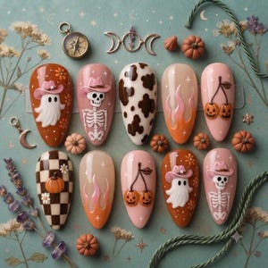 May include: A set of ten almond-shaped press-on nails featuring various designs including ghosts in pink cowboy hats, skeletons in pink cowboy hats, brown and white cow print, orange and pink flames, and jack-o'-lantern cherries on a light background.