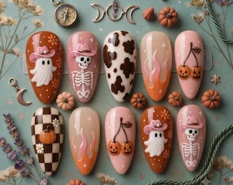 Pink Spooky Cowgirl Press On Nails, Halloween Ghost Skeleton Nail Art, 3D Western Charm