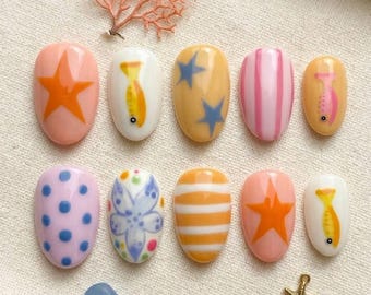 Handmade Summer Beach Press On Nails, Starfish Fish Design Glue On