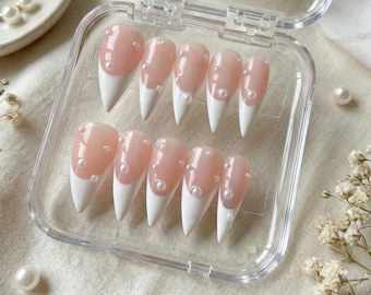 Luxury Long Stiletto V French Pearl Press On Nails, Coquette Bridal Set