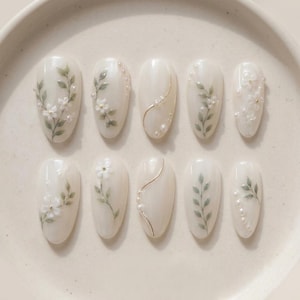 Hand Painted Botanical Leaf Press On Nails, Pearl White Floral Gel Nails image 3