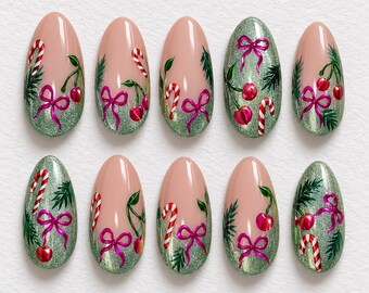 Christmas Press On Nails, Candy Cane Nails, Cherry Christmas Nails, Holiday Nail Set, Christmas Nail Art