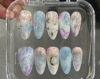 Golden Sky Press On Nail: Galaxy with Moon & Stars Nail, Pastel Ombre Glitter Nails