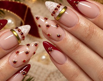 Burgundy Press On Nails, Red French Tip Almond Nails, Rhinestone Gold Nails